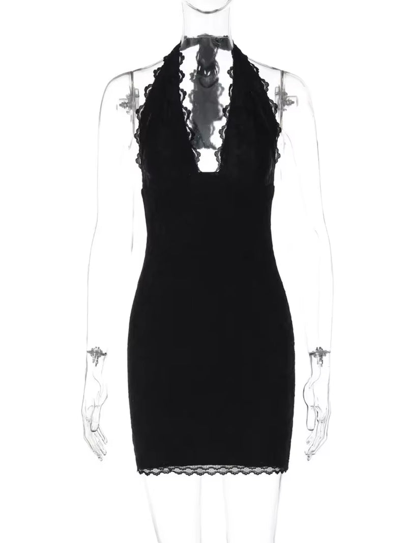 Lace Halter Sexy Mini Dress for Women Robe Off-Shoulder Deep V Neck Sleeveless Backless Skinny Club Party Dress Robe