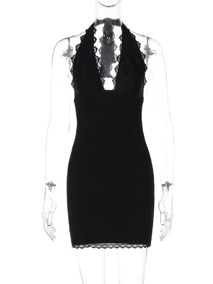 Lace Halter Sexy Mini Dress for Women Robe Off-Shoulder Deep V Neck Sleeveless Backless Skinny Club Party Dress Robe